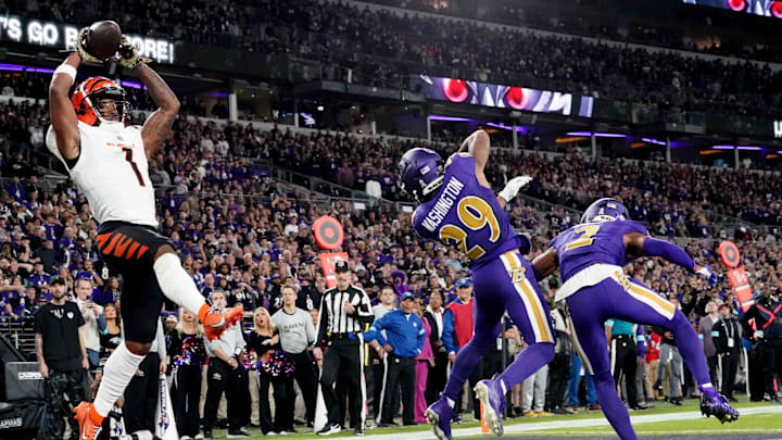 Nov 7, 2024; Baltimore, Maryland, USA; Cincinnati Bengals wide receiver Ja’Marr Chase (1) makes a fourth quarter touchdown catch against the Baltimore Ravens at M&T Bank Stadium. Mandatory Credit: Mitch Stringer-Imagn Images