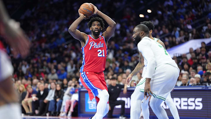 Oct 31, 2025; Philadelphia, Pennsylvania, USA; Philadelphia 76ers center Joel Embiid (21) controls the ball against the Boston Celtics in the third quarter at Xfinity Mobile Arena. Mandatory Credit: Kyle Ross-Imagn Images