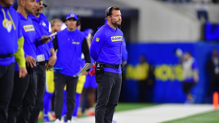 Nov 24, 2024; Inglewood, California, USA; Los Angeles Rams head coach Sean McVay watches game action against the Philadelphia Eagles during the first half at SoFi Stadium. Mandatory Credit: Gary A. Vasquez-Imagn Images Nov 24, 2024; Inglewood, California, USA; Los Angeles Rams head coach Sean McVay watches game action against the Philadelphia Eagles during the first half at SoFi Stadium. Mandatory Credit: Gary A. Vasquez-Imagn Images