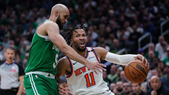 May 7, 2025; Boston, Massachusetts, USA; Boston Celtics guard Derrick White (9) defends against New York Knicks guard Jalen Brunson (11) in the second quarter during game two of the second round for the 2025 NBA Playoffs at TD Garden. Mandatory Credit: David Butler II-Imagn Images May 7, 2025; Boston, Massachusetts, USA; Boston Celtics guard Derrick White (9) defends against New York Knicks guard Jalen Brunson (11) in the second quarter during game two of the second round for the 2025 NBA Playoffs at TD Garden. Mandatory Credit: David Butler II-Imagn Images