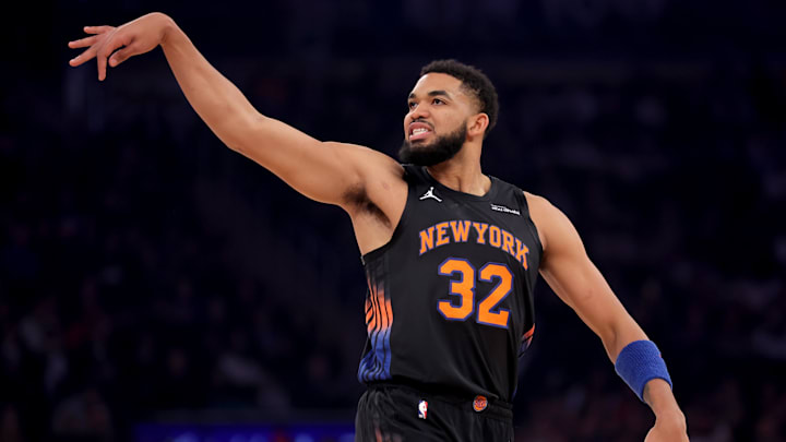 New York Knicks center Karl-Anthony Towns (32) watches his three point shot against the Portland Trail Blazers during the first quarter at Madison Square Garden. 
