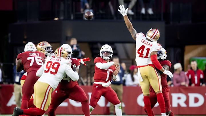 Jan 5, 2025; Glendale, Arizona, USA; Arizona Cardinals quarterback Kyler Murray (1) against the San Francisco 49ers in the second half at State Farm Stadium. Mandatory Credit: Mark J. Rebilas-Imagn Images