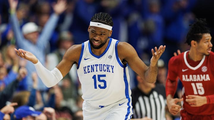 Jan 18, 2025; Lexington, Kentucky, USA; Kentucky Wildcats forward Ansley Almonor (15) celebrates after making a three point basket during the first half against the Alabama Crimson Tide at Rupp Arena at Central Bank Center. Mandatory Credit: Jordan Prather-Imagn Images