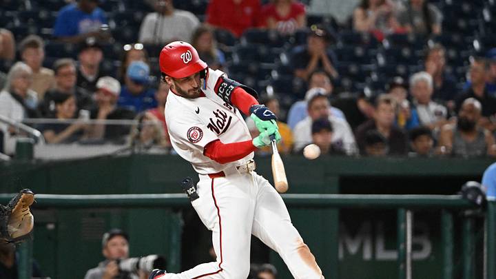 Jul 28, 2026; Washington, District of Columbia, USA; Washington Nationals right fielder Dylan Crews (3) hits a solo home run against the Toronto Blue Jays during the fourth inning at Nationals Park. Mandatory Credit: Brad Mills-Imagn Images