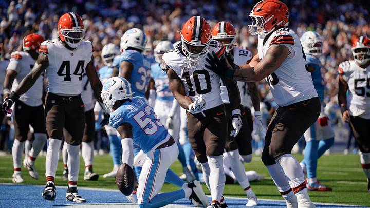 Cleveland Browns running back Quinshon Judkins (10) celebrates his touchdown during the second quarter against the Tennessee Titans at Nissan Stadium in Nashville, Tenn., Sunday, Oct. 25, 2026. Cleveland Browns running back Quinshon Judkins (10) celebrates his touchdown during the second quarter against the Tennessee Titans at Nissan Stadium in Nashville, Tenn., Sunday, Oct. 25, 2026.