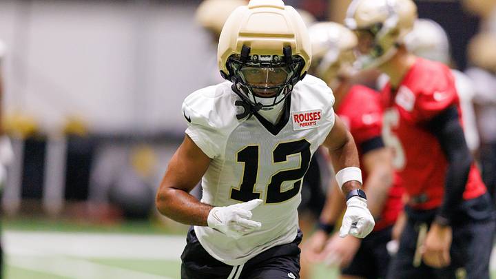 New Orleans Saints wide receiver Chris Olave (12) during training camp at Ochsner Sports Performance Center. New Orleans Saints wide receiver Chris Olave (12) during training camp at Ochsner Sports Performance Center.