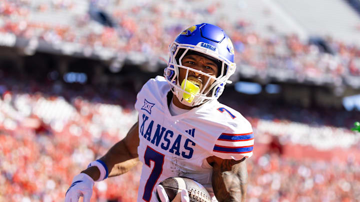 Nov 8, 2025; Tucson, Arizona, USA; Kansas Jayhawks wide receiver Cam Pickett (7) against the Arizona Wildcats at Arizona Stadium. Mandatory Credit: Mark J. Rebilas-Imagn Images