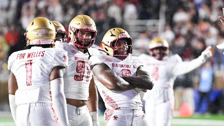 Sep 21, 2024; Chestnut Hill, Massachusetts, USA; Boston College Eagles defensive end Donovan Ezeiruaku (6) reacts to his sack against the Michigan State Spartans during the second half at Alumni Stadium. Mandatory Credit: Eric Canha-Imagn Images