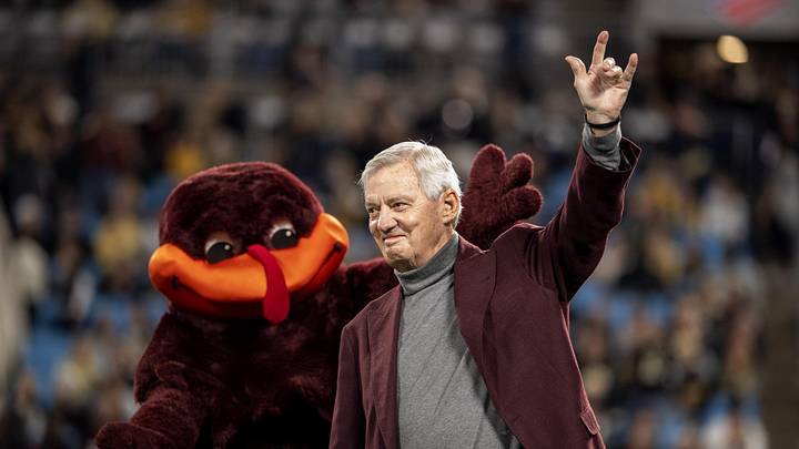 Dec 4, 2021; Charlotte, NC, USA; Former Virginia Tech Hokies player and head coach Frank Beamer is honored before the ACC championship game at Bank of America Stadium. Mandatory Credit: Bob Donnan-Imagn Images