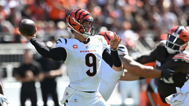 Sep 7, 2025; Cleveland, Ohio, USA; Cincinnati Bengals quarterback Joe Burrow (9) throws during the second half against the Cleveland Browns at Huntington Bank Field. Mandatory Credit: Ken Blaze-Imagn Images