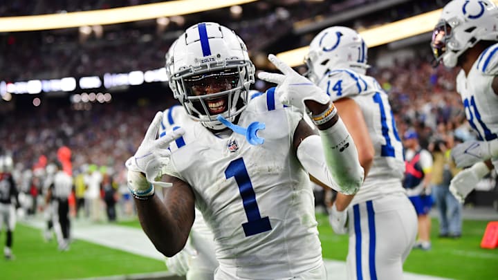 Nov 13, 2022; Paradise, Nevada, USA; Indianapolis Colts wide receiver Parris Campbell (1) celebrates