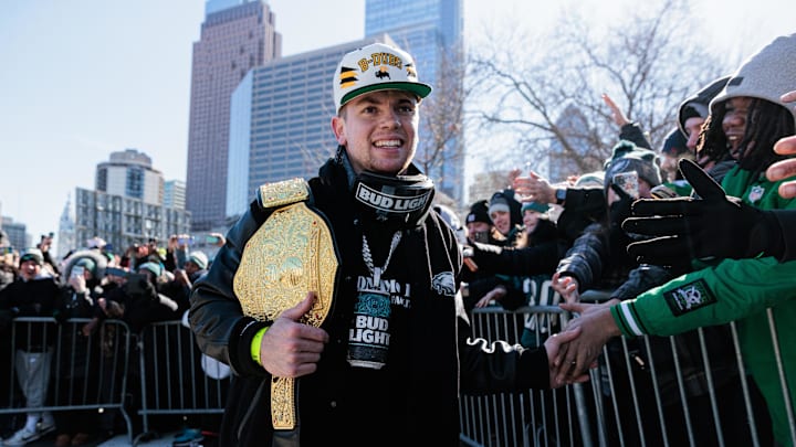 Feb 14, 2025; Philadelphia, PA, USA; Philadelphia Eagles cornerback Cooper DeJean (33) celebrates during the Super Bowl LIX championship parade and rally. Mandatory Credit: Caean Couto-Imagn Images