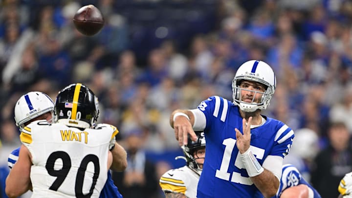 Sep 29, 2024; Indianapolis, Indiana, USA; Indianapolis Colts quarterback Joe Flacco (15) throws a pass during the second quarter against the Pittsburgh Steelers at Lucas Oil Stadium. Mandatory Credit: Marc Lebryk-Imagn Images