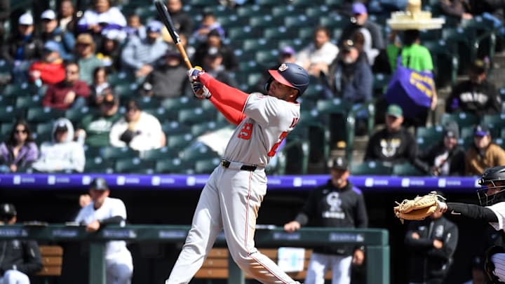 Apr 19, 2025; Denver, Colorado, USA; Washington Nationals outfielder James Wood (29) hits a home run during the fourth inning against the Colorado Rockies at Coors Field. Apr 19, 2025; Denver, Colorado, USA; Washington Nationals outfielder James Wood (29) hits a home run during the fourth inning against the Colorado Rockies at Coors Field.