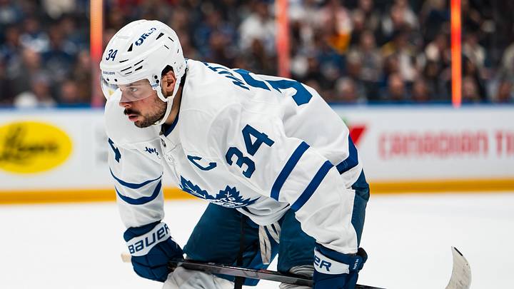 Jan 31, 2026; Vancouver, British Columbia, CAN; Toronto Maple Leafs forward Auston Matthews (34) during a stoppage in play against the Vancouver Canucks in the third period at Rogers Arena. Mandatory Credit: Bob Frid-Imagn Images