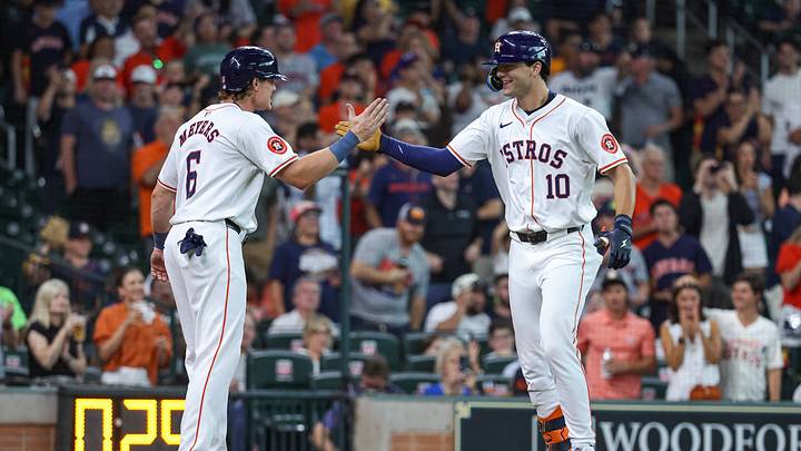 Jul 10, 2024; Houston, Texas, USA; Houston Astros right fielder Joey Loperfido (10) celebrates with center fielder Jake Meyers (6) after hitting a home run during the second inning against the Miami Marlins at Minute Maid Park. Mandatory Credit: Troy Taormina-USA TODAY Sports