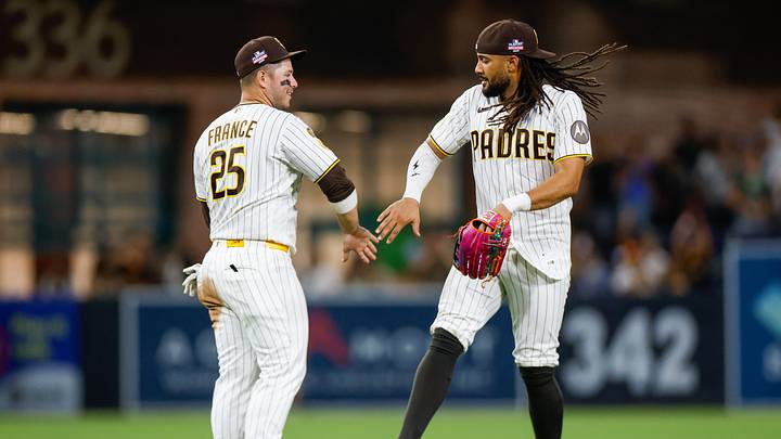 Aug 22, 2026; San Diego, California, USA;  San Diego Padres right fielder Fernando Tatis Jr. (23) celebrates with first baseman Ty France (25) after defeating the Minnesota Twins in the ninth inning at Petco Park.  Mandatory Credit: David Frerker-Imagn Images