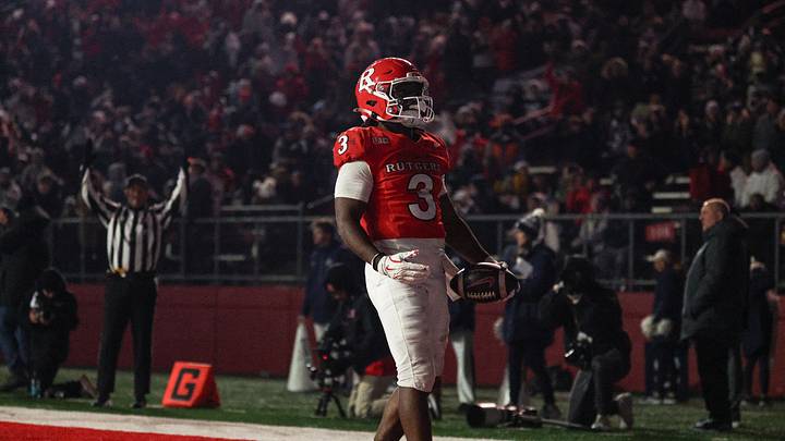 Nov 29, 2025; Piscataway, New Jersey, USA; Rutgers Scarlet Knights running back Antwan Raymond (3) celebrates his touchdown reception during the second half against the Penn State Nittany Lions at SHI Stadium. Mandatory Credit: Vincent Carchietta-Imagn Images Nov 29, 2025; Piscataway, New Jersey, USA; Rutgers Scarlet Knights running back Antwan Raymond (3) celebrates his touchdown reception during the second half against the Penn State Nittany Lions at SHI Stadium. Mandatory Credit: Vincent Carchietta-Imagn Images