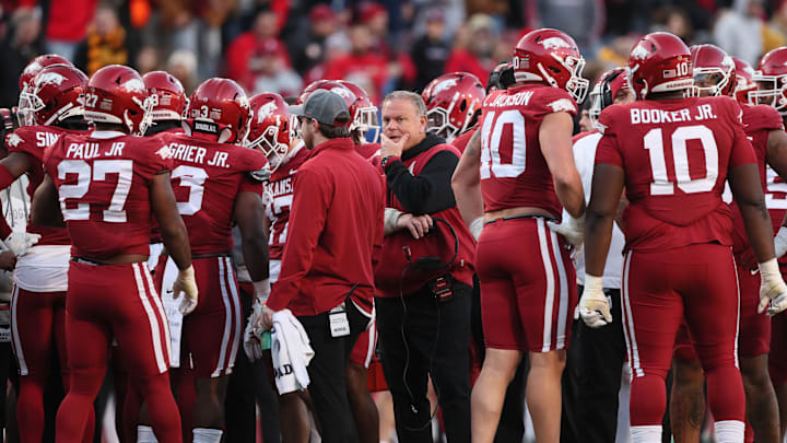 Nov 24, 2023; Fayetteville, Arkansas, USA; Arkansas Razorbacks head coach Sam Pittman during the