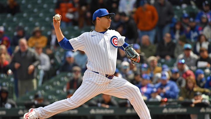 Apr 20, 2024; Chicago, Illinois, USA; Chicago Cubs starting pitcher Javier Assad (72) pitches during