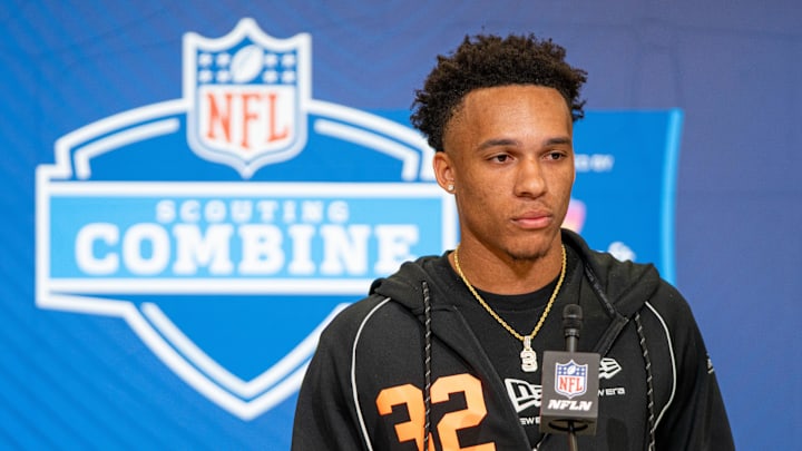 Feb 27, 2026; Indianapolis, IN, USA; Georgia Tech wideout Eric Rivers (WO32) speaks to members of the media during the NFL Combine at the Indiana Convention Center. Mandatory Credit: Jacob Musselman-Imagn Images Feb 27, 2026; Indianapolis, IN, USA; Georgia Tech wideout Eric Rivers (WO32) speaks to members of the media during the NFL Combine at the Indiana Convention Center. Mandatory Credit: Jacob Musselman-Imagn Images