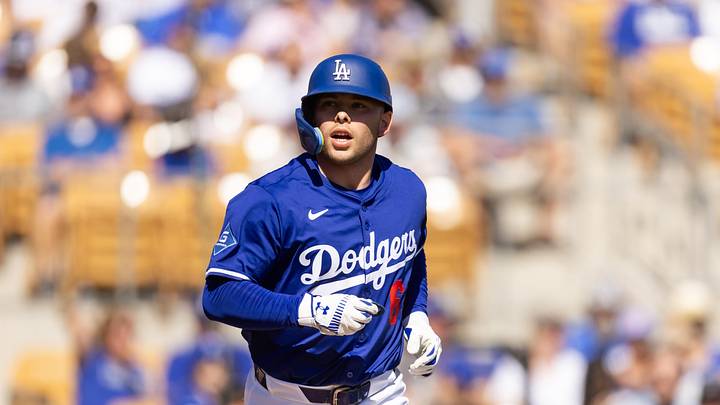Los Angeles Dodgers designated hitter Dalton Rushing against the Chicago Cubs during a spring training game at Camelback Ranch-Glendale on Feb. 20, 2025.