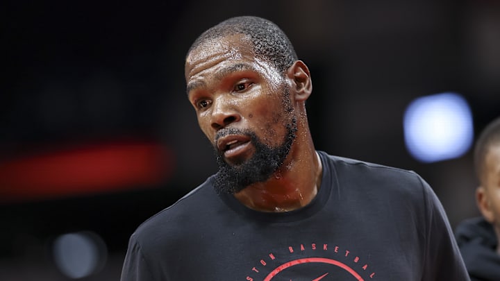 Oct 6, 2025; Houston, Texas, USA; Houston Rockets forward Kevin Durant (7) warms up before the game against the Atlanta Hawks at Toyota Center. Mandatory Credit: Troy Taormina-Imagn Images
