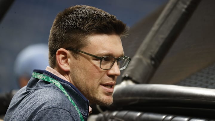 Oct 6, 2021; Tampa, Florida, USA; Tampa Bay Rays president Erik Neander during the ALDS workout day against the Boston Red Sox at Tropicana Field.