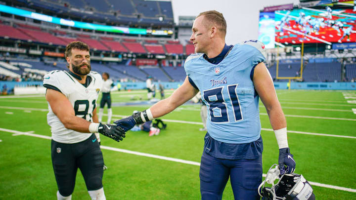 Jacksonville Jaguars tight end Josiah Deguara (81) shakes hands with Tennessee Titans tight end Josh Whyle (81) after the game at Nissan Stadium in Nashville, Tenn., Sunday, Dec. 8, 2024.