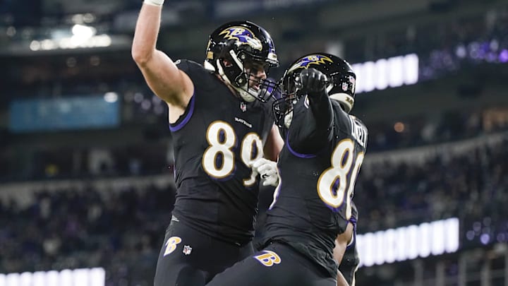 Jan 1, 2023; Baltimore, Maryland, USA; Baltimore Ravens tight end Isaiah Likely (80) celebrates with tight end Mark Andrews (89) after scoring a touchdown against the Pittsburgh Steelers during the first half at M&T Bank Stadium. Mandatory Credit: Jessica Rapfogel-Imagn Images