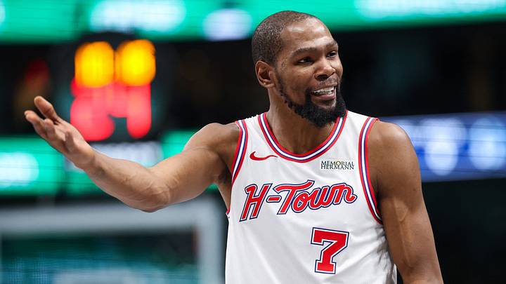 Jan 3, 2026; Dallas, Texas, USA; Houston Rockets forward Kevin Durant (7) reacts during the second half against the Dallas Mavericks at American Airlines Center. Jan 3, 2026; Dallas, Texas, USA; Houston Rockets forward Kevin Durant (7) reacts during the second half against the Dallas Mavericks at American Airlines Center.