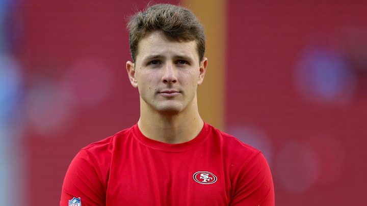 Dec 30, 2024; Santa Clara, California, USA; San Francisco 49ers quarterback Brock Purdy (13) before the game against the Detroit Lions at Levi's Stadium. Mandatory Credit: Sergio Estrada-Imagn Images