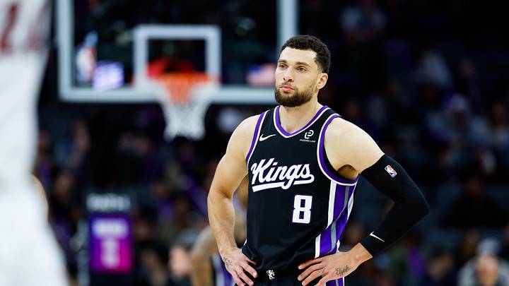 Jan 20, 2026; Sacramento, California, USA; Sacramento Kings guard Zach LaVine (8) looks on against the Miami Heat during the third quarter at Golden 1 Center. Mandatory Credit: Sergio Estrada-Imagn Images