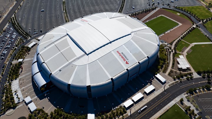 Jul 20, 2023; Glendale, Arizona, USA; Aerial overall view of State Farm Stadium the home of the NFL Arizona Cardinals.