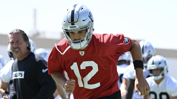 Jun 10, 2025; Henderson, NV, USA; Las Vegas Raiders quarterback Aidan O'Connell (12) performs a drill during Las Vegas Raiders Minicamp at Intermountain Health Performance Center. Mandatory Credit: Candice Ward-Imagn Images Jun 10, 2025; Henderson, NV, USA; Las Vegas Raiders quarterback Aidan O'Connell (12) performs a drill during Las Vegas Raiders Minicamp at Intermountain Health Performance Center. Mandatory Credit: Candice Ward-Imagn Images