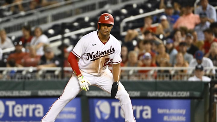 Aug 1, 2022; Washington, District of Columbia, USA; Washington Nationals right fielder Juan Soto (22) leads off first base against the New York Mets during the eighth inning at Nationals Park.