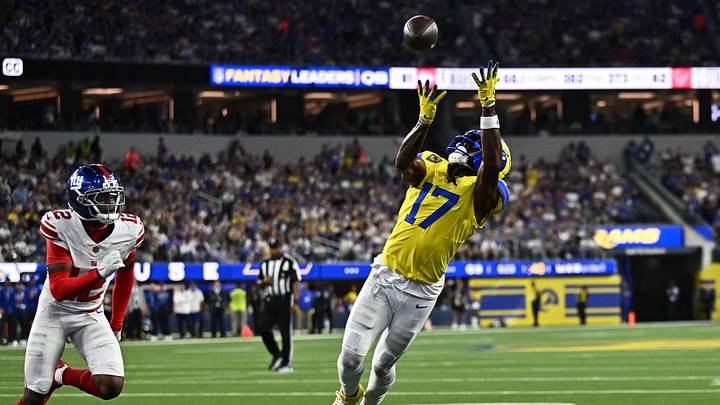 Sep 21, 2026; Inglewood, California, USA; Los Angeles Rams wide receiver Davante Adams (17) scores a touchdown against New York Giants cornerback Colton Hood (12) during the third quarter at SoFi Stadium. Mandatory Credit: William Liang-Imagn Images Sep 21, 2026; Inglewood, California, USA; Los Angeles Rams wide receiver Davante Adams (17) scores a touchdown against New York Giants cornerback Colton Hood (12) during the third quarter at SoFi Stadium. Mandatory Credit: William Liang-Imagn Images