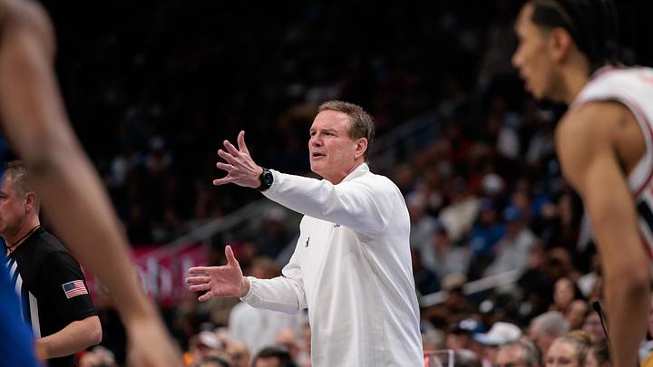 Mar 13, 2026; Kansas City, MO, USA; Kansas Jayhawks head coach Bill Self reacts to game play during the first half against the Houston Cougars at T-Mobile Center. Mandatory Credit: William Purnell-Imagn Images