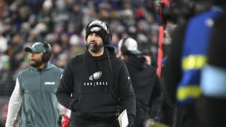 Dec 1, 2024; Baltimore, Maryland, USA; Philadelphia Eagles head coach Nick Sirianni walks down the sidelines during the first half  against the Baltimore Ravens at M&T Bank Stadium. Mandatory Credit: Tommy Gilligan-Imagn Images