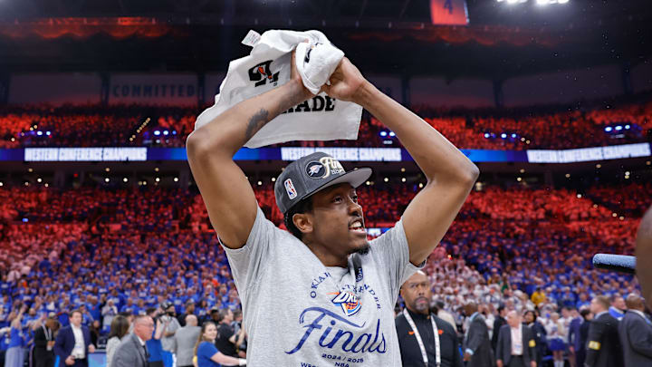 May 28, 2025; Oklahoma City, Oklahoma, USA; Oklahoma City Thunder forward Jalen Williams celebrates after his team defeated the Minnesota Timberwolves during game five of the western conference finals for the 2025 NBA Playoffs at Paycom Center. Mandatory Credit: Alonzo Adams-Imagn Images