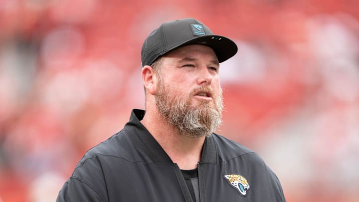 September 28, 2025; Santa Clara, California, USA; Jacksonville Jaguars offensive line coach Shaun Sarrett after the game against the San Francisco 49ers at Levi's Stadium. Mandatory Credit: Kyle Terada-Imagn Images September 28, 2025; Santa Clara, California, USA; Jacksonville Jaguars offensive line coach Shaun Sarrett after the game against the San Francisco 49ers at Levi's Stadium. Mandatory Credit: Kyle Terada-Imagn Images