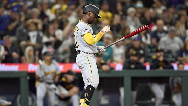 Jul 5, 2025; Seattle, Washington, USA; Pittsburgh Pirates designated hitter Andrew McCutchen (22) strikes out to Seattle Mariners pitcher Andrés Muñoz (75) during the ninth inning at T-Mobile Park. Mandatory Credit: John Froschauer-Imagn Images