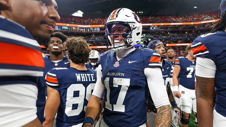 Auburn Tigers quarterback Byrum Brown (17) celebrates after a victory over the Baylor Bears at Mercedes-Benz Stadium. Mandatory Credit: Brett Davis-Imagn Images Auburn Tigers quarterback Byrum Brown (17) celebrates after a victory over the Baylor Bears at Mercedes-Benz Stadium. Mandatory Credit: Brett Davis-Imagn Images