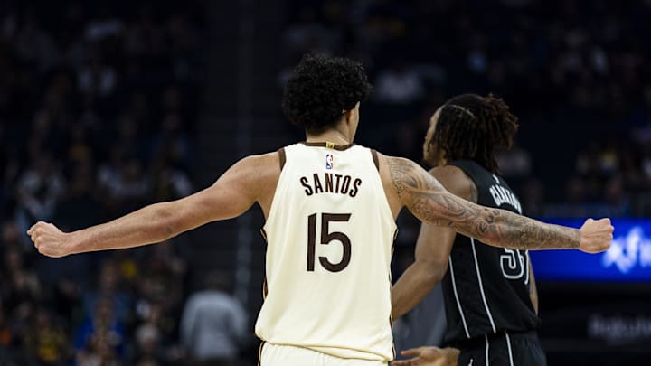 Mar 25, 2026; San Francisco, California, USA; Golden State Warriors forward Gui Santos (15) reacts during the second quarter against the Brooklyn Nets at Chase Center. Mandatory Credit: John Hefti-Imagn Images Mar 25, 2026; San Francisco, California, USA; Golden State Warriors forward Gui Santos (15) reacts during the second quarter against the Brooklyn Nets at Chase Center. Mandatory Credit: John Hefti-Imagn Images