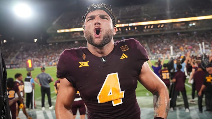 Arizona State running back Cam Skattebo (4) celebrates during the final seconds of a 35-31 win against the Kansas Jayhawks at Mountain America Stadium on Oct. 5, 2024. Arizona State running back Cam Skattebo (4) celebrates during the final seconds of a 35-31 win against the Kansas Jayhawks at Mountain America Stadium on Oct. 5, 2024.