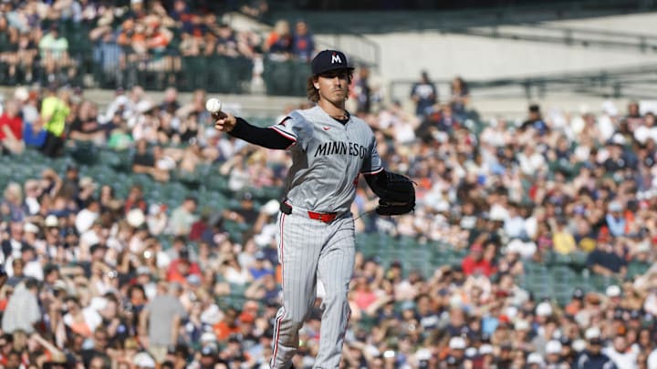 Minnesota Twins starting pitcher Joe Ryan (41) throws to first during the first inning against the Detroit Tigers at Comerica Park in 2024.