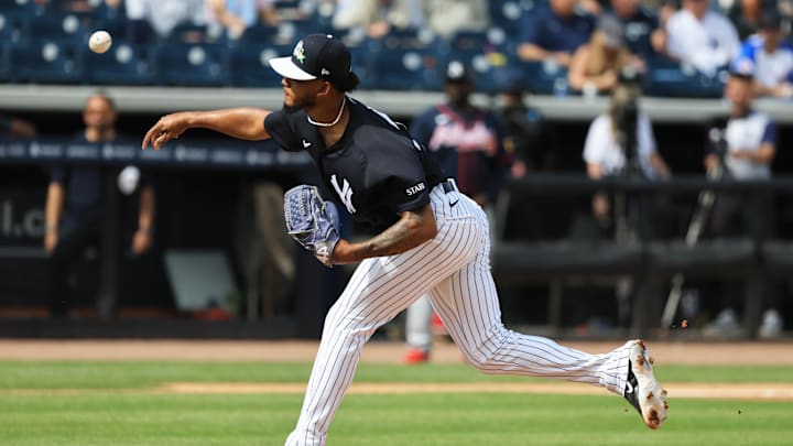 Feb 26, 2026; Tampa, Florida, USA; New York Yankees pitcher Camilo Doval (75) throws a pitch during the fourth inning against the Atlanta Braves at George M. Steinbrenner Field. Mandatory Credit: Kim Klement Neitzel-Imagn Images