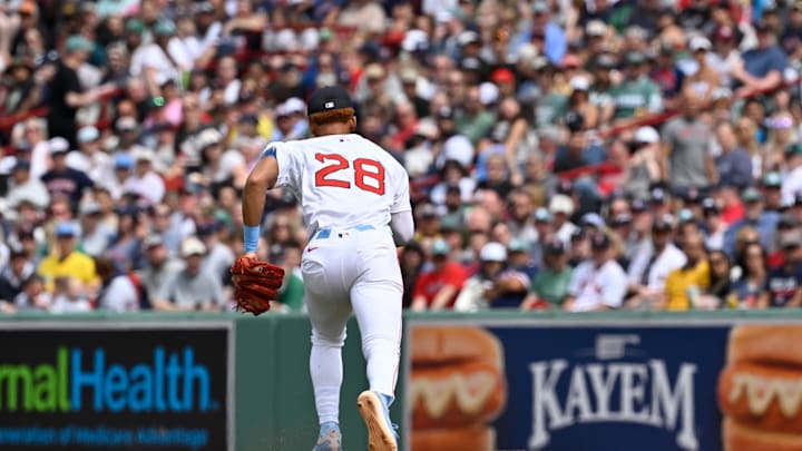 Boston Red Sox second baseman Kristian Campbell (28) chases after the ball during the fourth inning against the New York Yankees at Fenway Park on June 15. Boston Red Sox second baseman Kristian Campbell (28) chases after the ball during the fourth inning against the New York Yankees at Fenway Park on June 15.