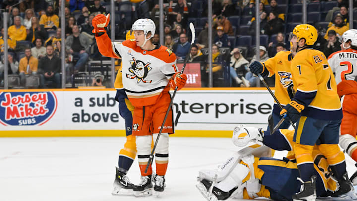 Mar 20, 2025; Nashville, Tennessee, USA;  Anaheim Ducks center Trevor Zegras (11) celebrates his goal against the Nashville Predators during the second period at Bridgestone Arena. Mandatory Credit: Steve Roberts-Imagn Images