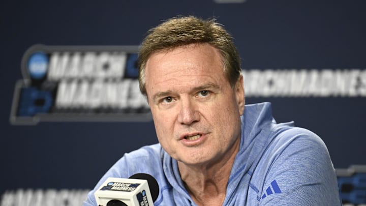 Mar 19, 2026; San Diego, CA, USA; Kansas Jayhawks head coach Bill Self speaks at a press conference ahead of the first round of the men's 2026 NCAA Tournament at Viejas Arena. Mandatory Credit: Denis Poroy-Imagn Images